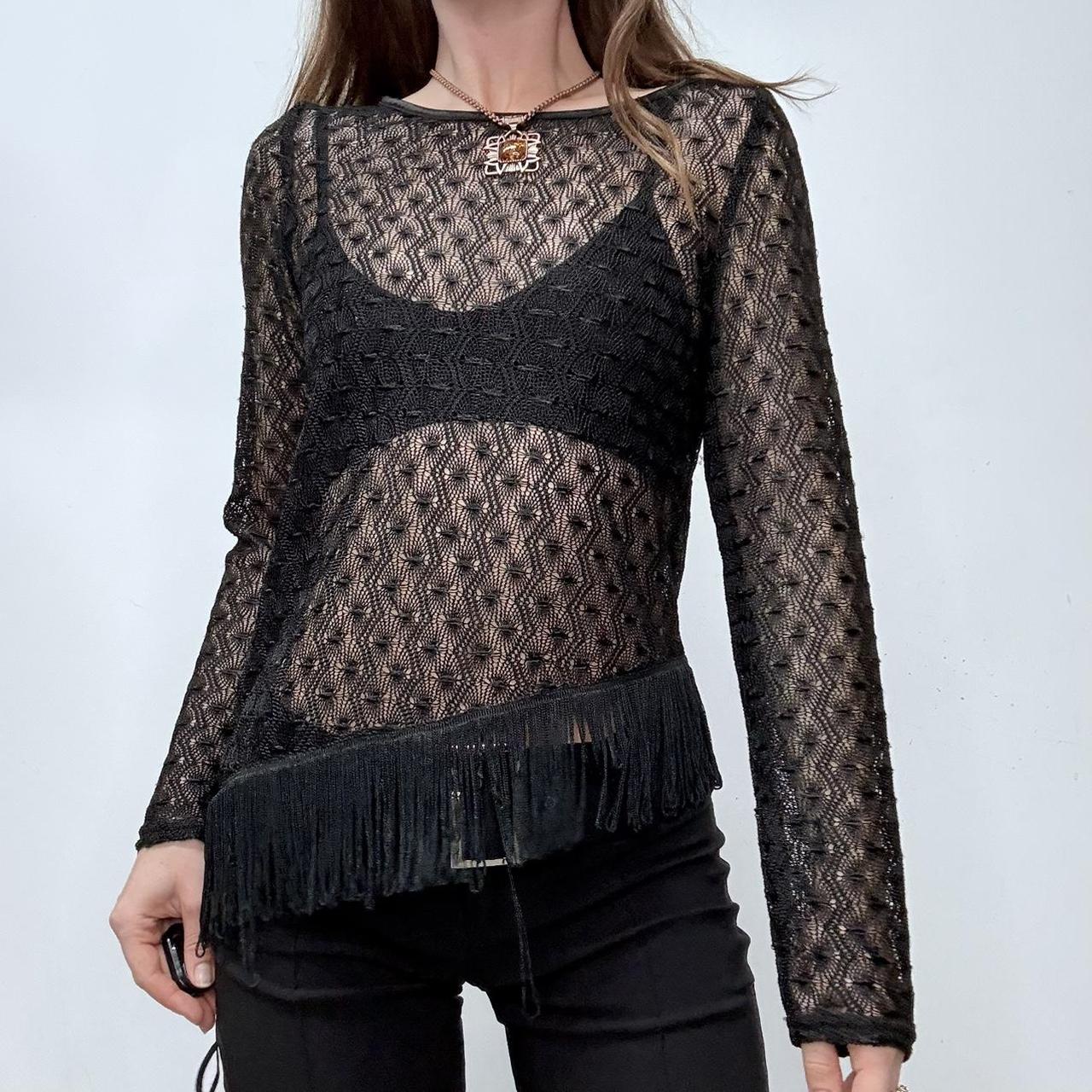 Black sheer crochet lace tassel top