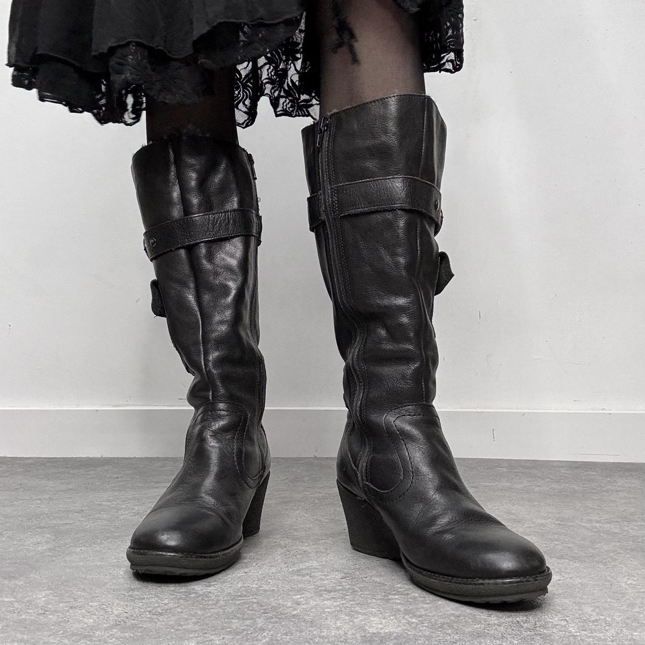 Black leather buckle knee high boots