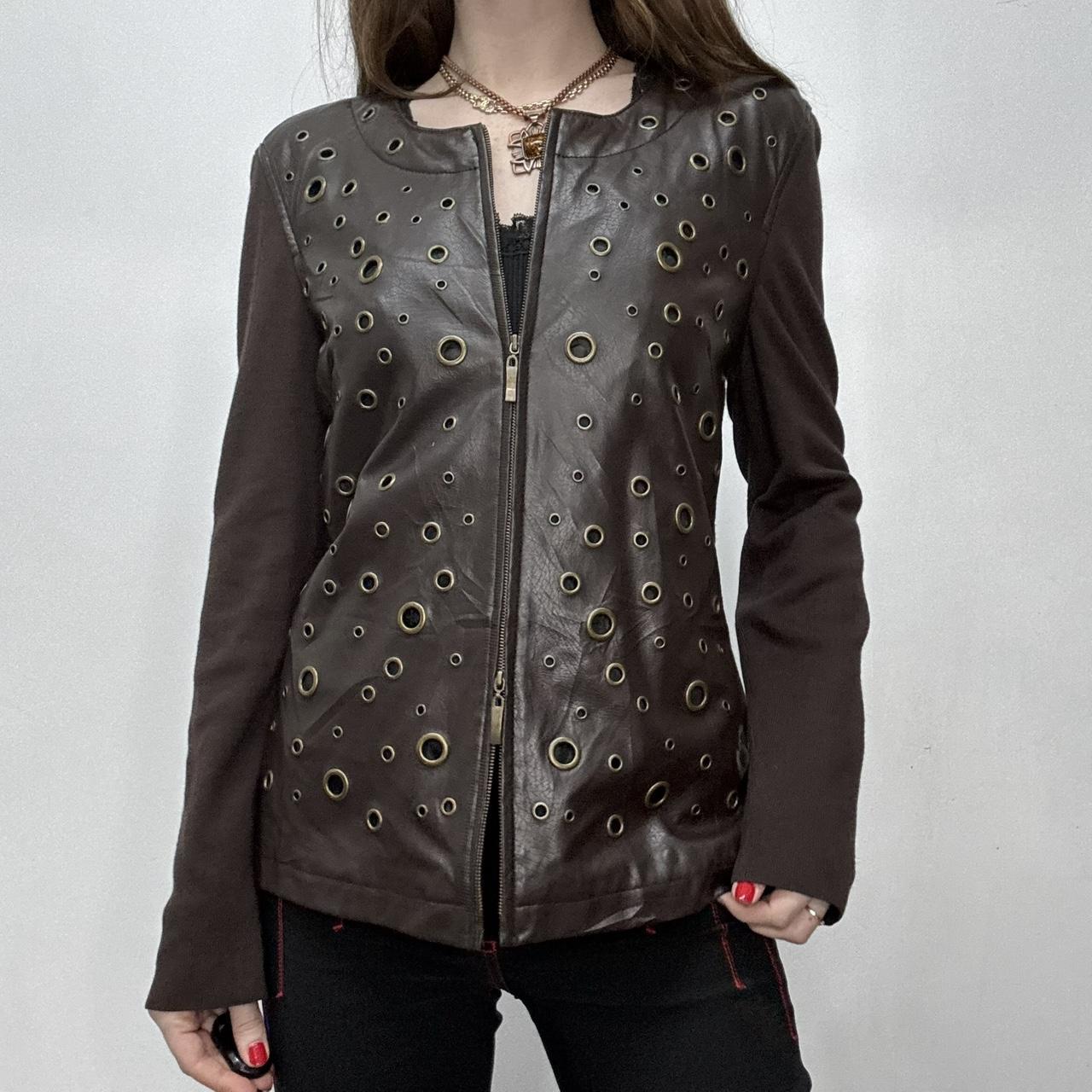 Brown studded eyelet leather jacket