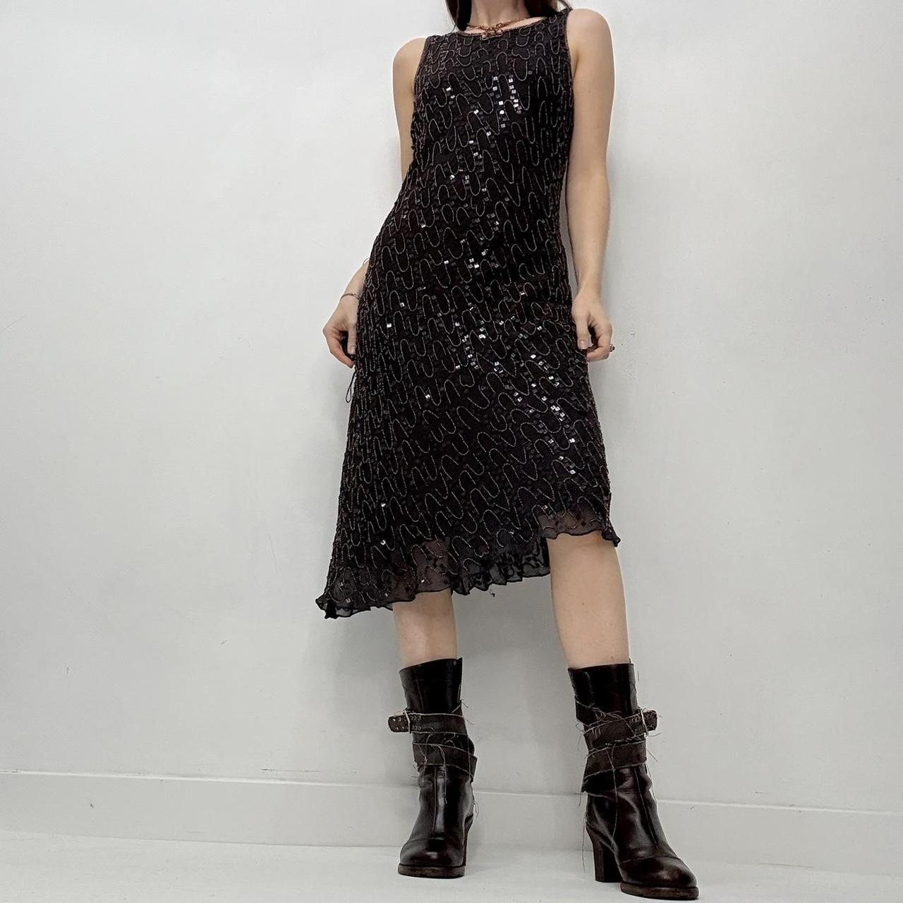 Brown beaded shimmer slash neck dress
