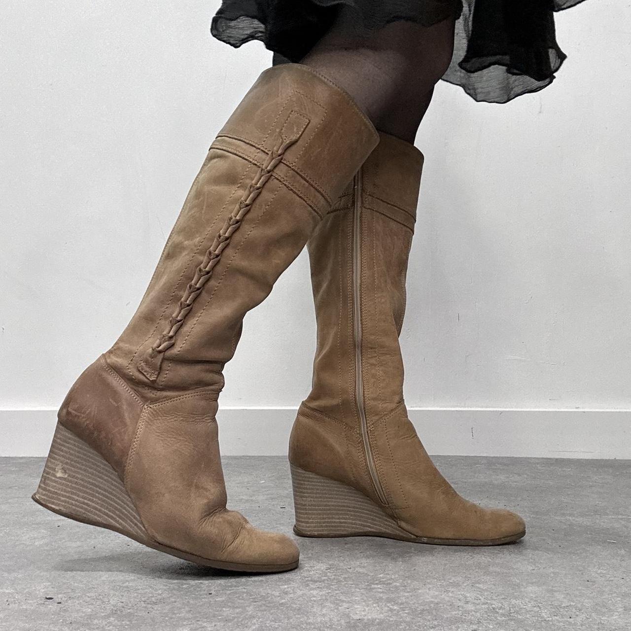 Wedge heel tan leather boots