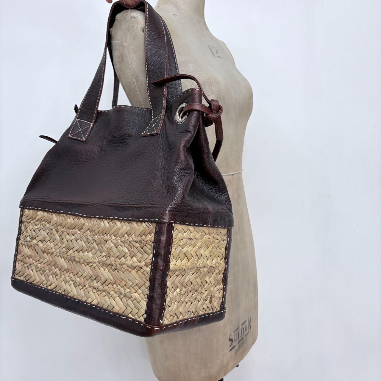 Brown leather rattan basket bag