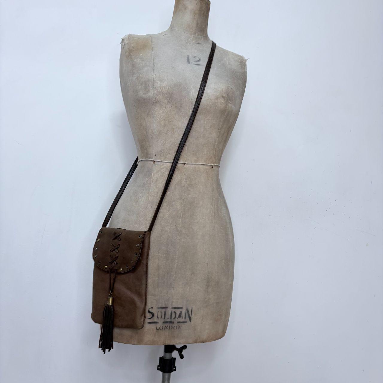 Brown leather corset lace up boho tassel bag