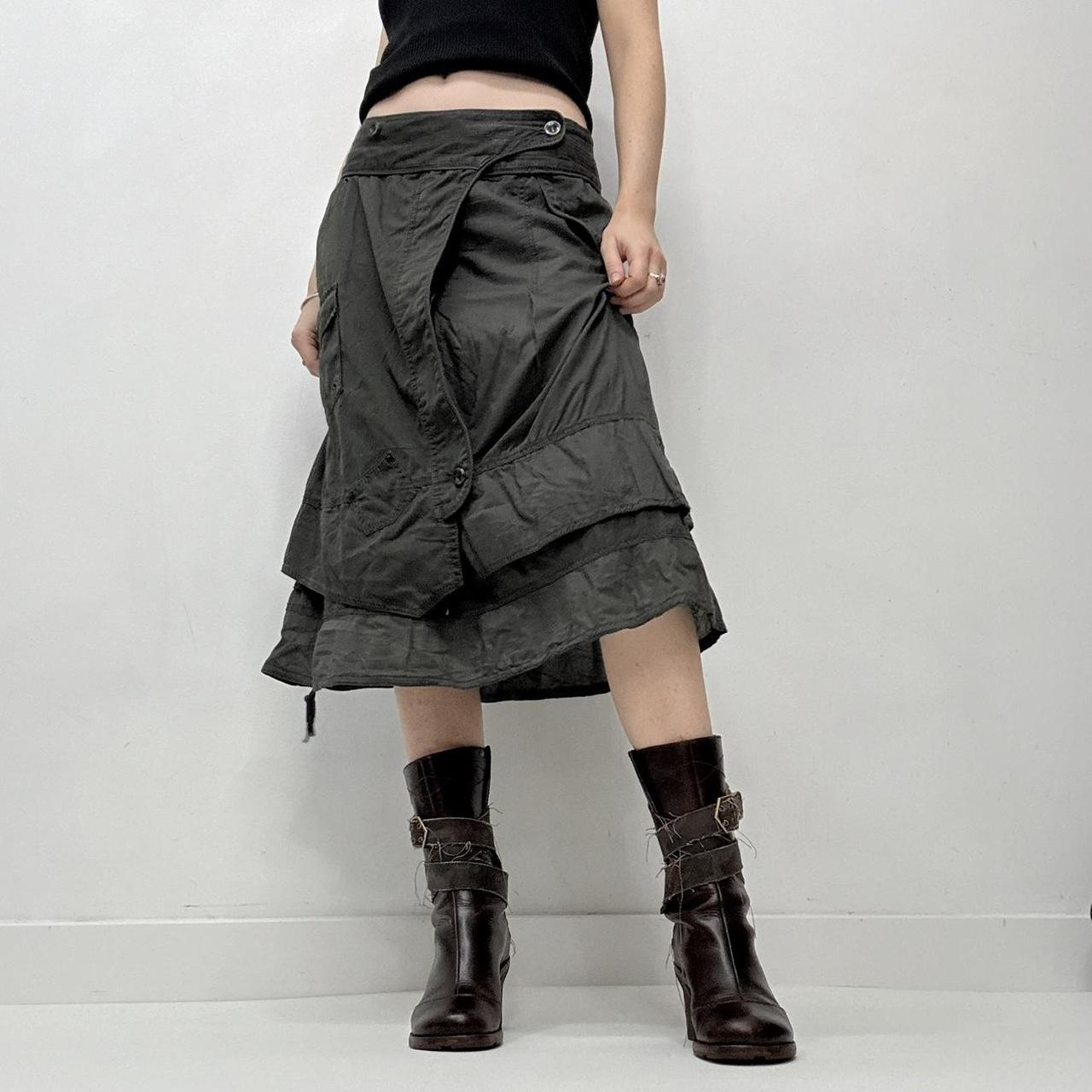 Khaki layered utility button midi skirt