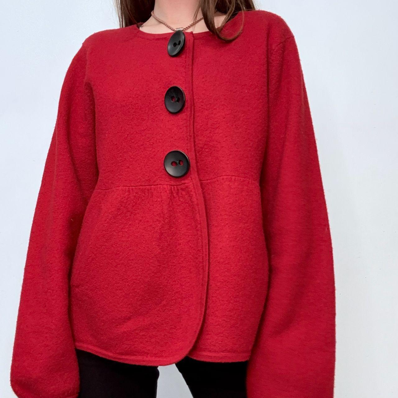 Red flared oversized button puff peacoat cardi