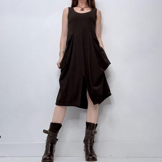Brown gathered puff midi dress
