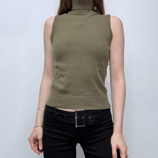 High neck khaki knit vest