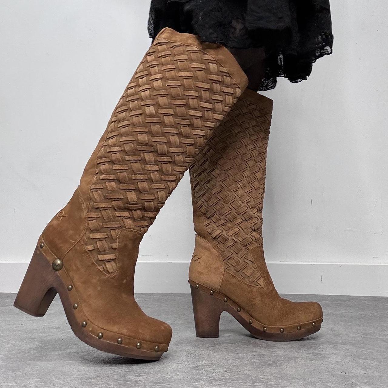 Tan suede woven leather stud clog boots