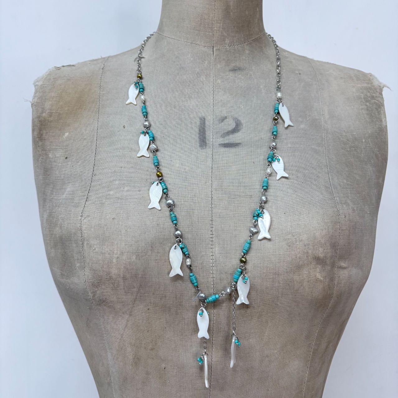 Fish charm mother of pearl beaded chain necklace
