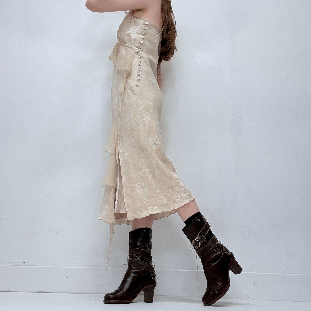 Asymmetric tan flutter midi dress