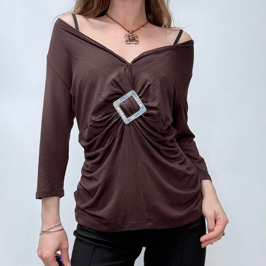 Brown draped slouchy off the shoulder top