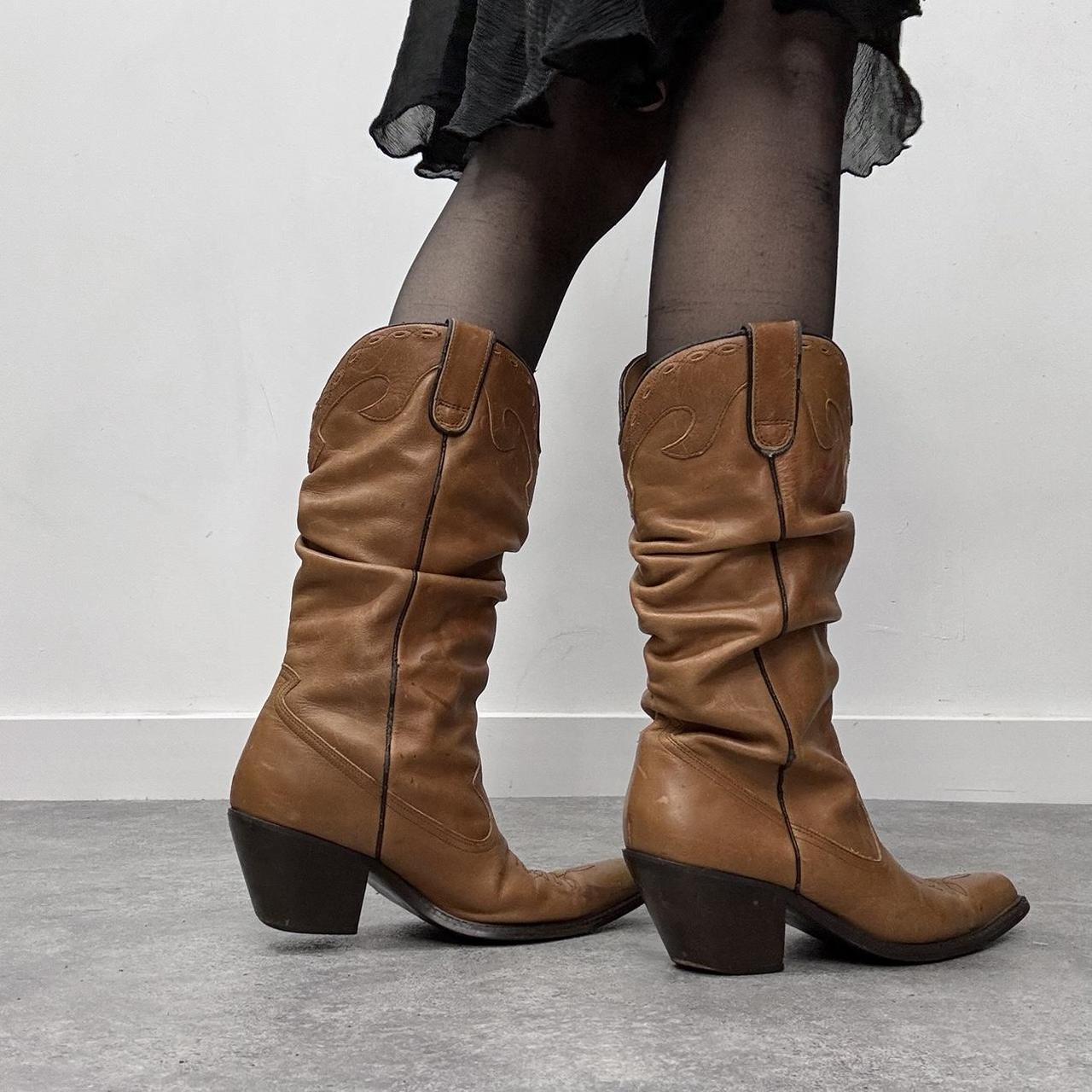 Tan leather slouchy cowboy boots