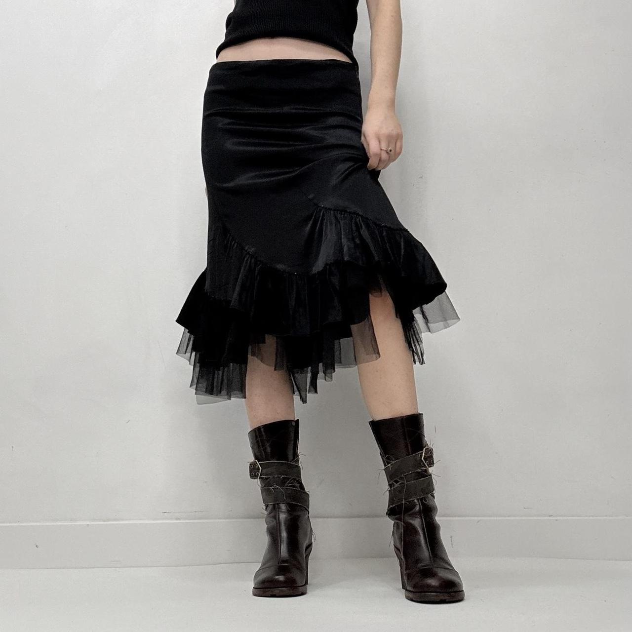 Black satin mesh ruffle skirt