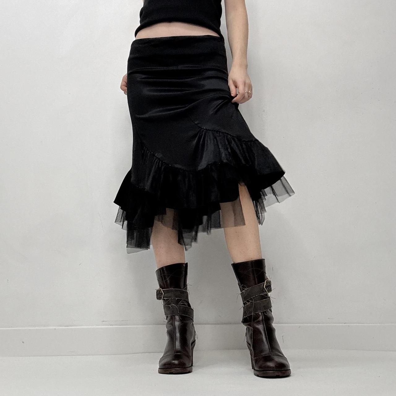 Black satin mesh ruffle skirt