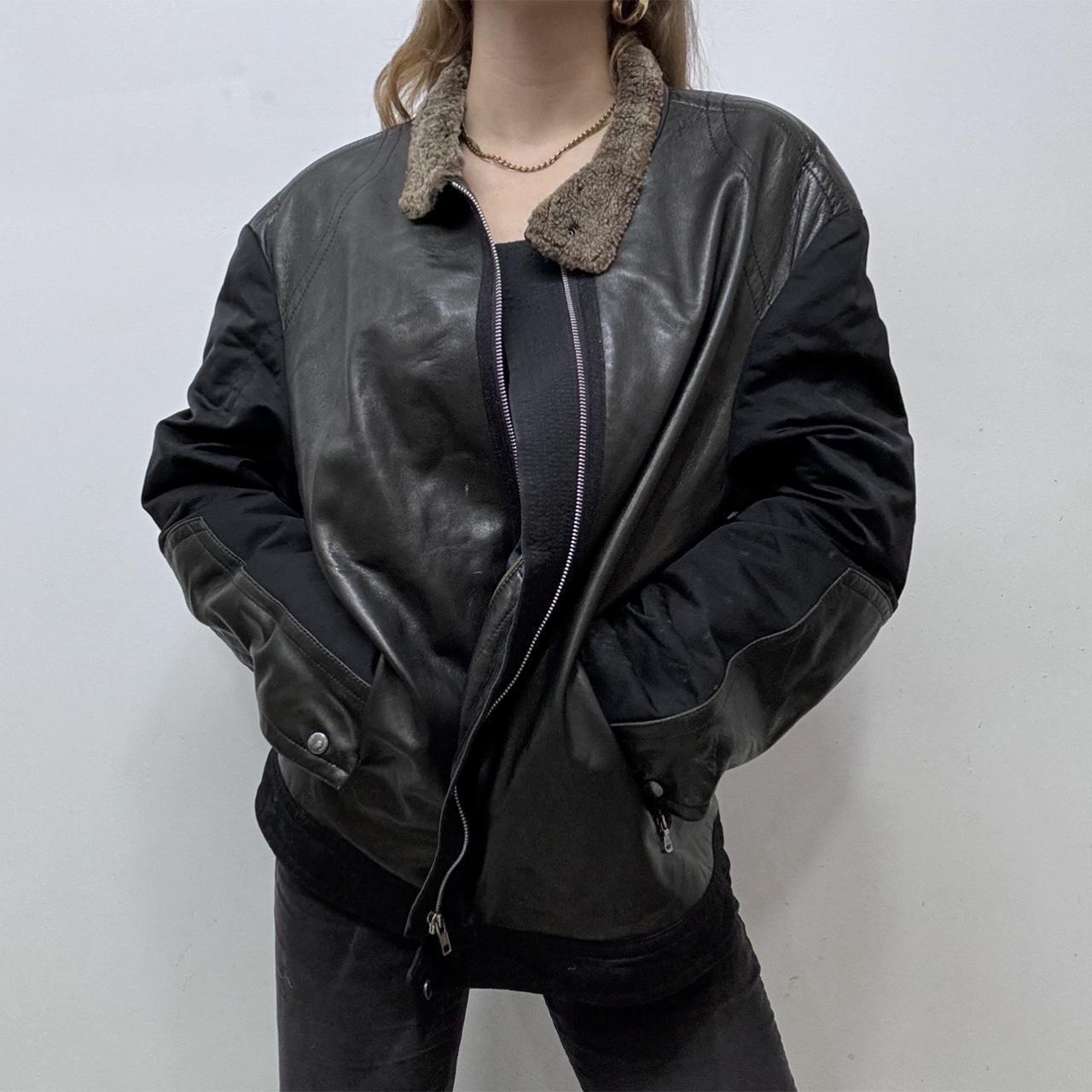 Oversized black leather Aviator jacket