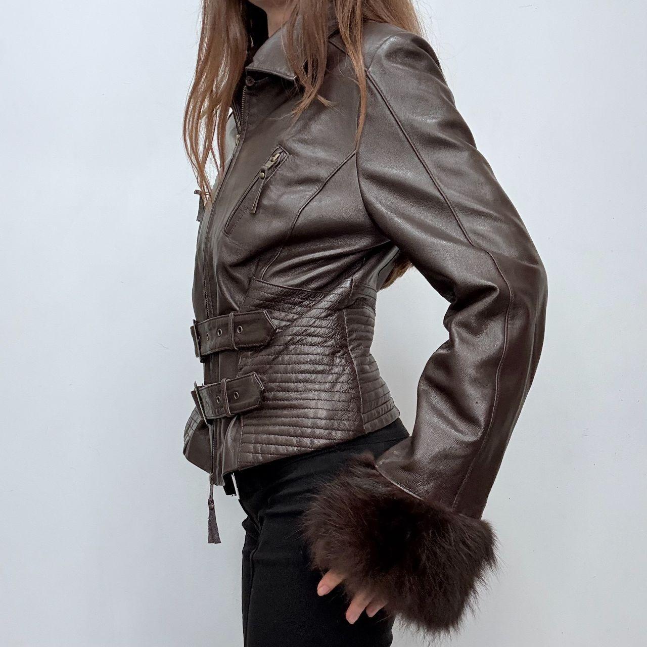 Brown leather flared buckle jacket
