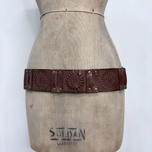 Brown leather studded embossed belt