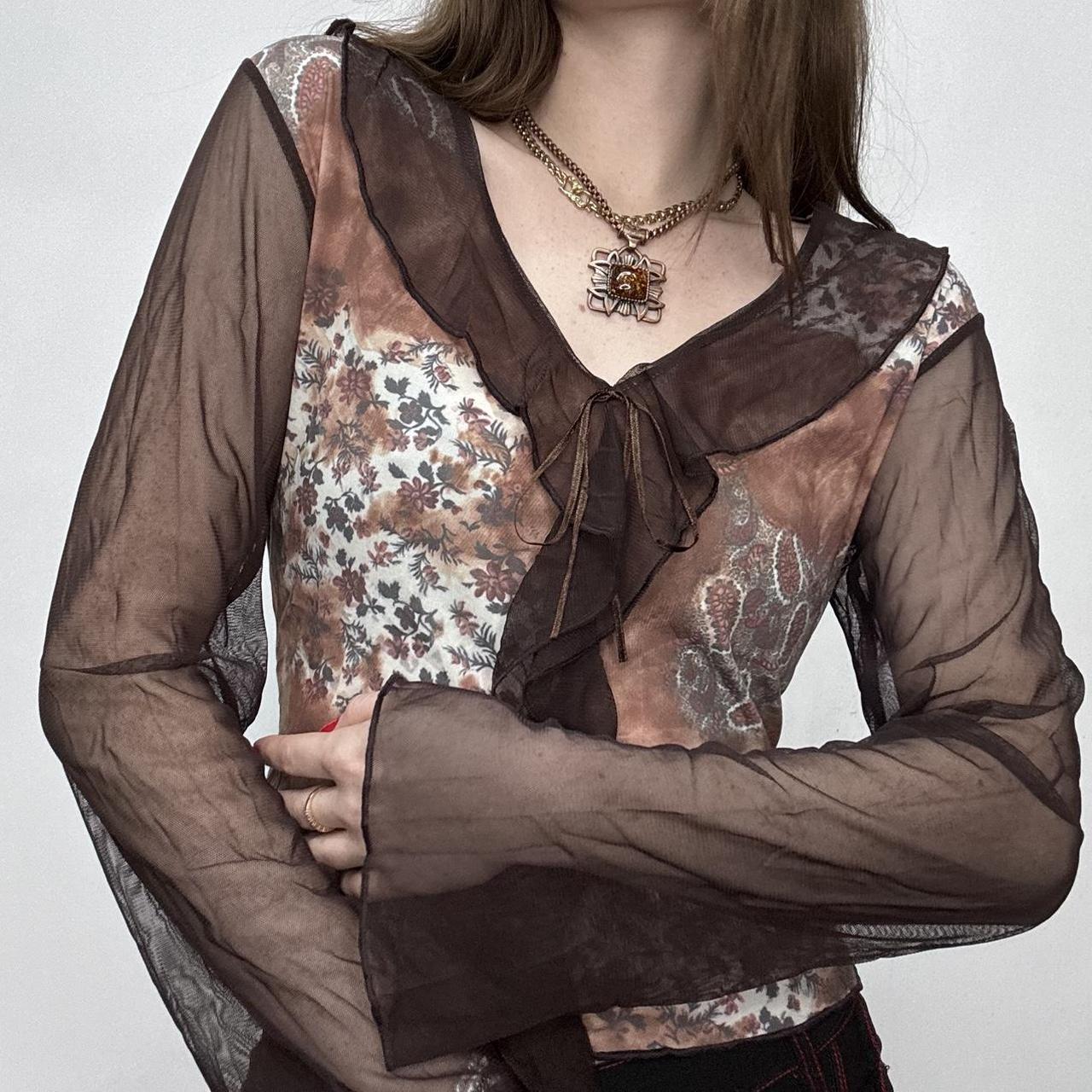 Brown flared floral ruffle shirt