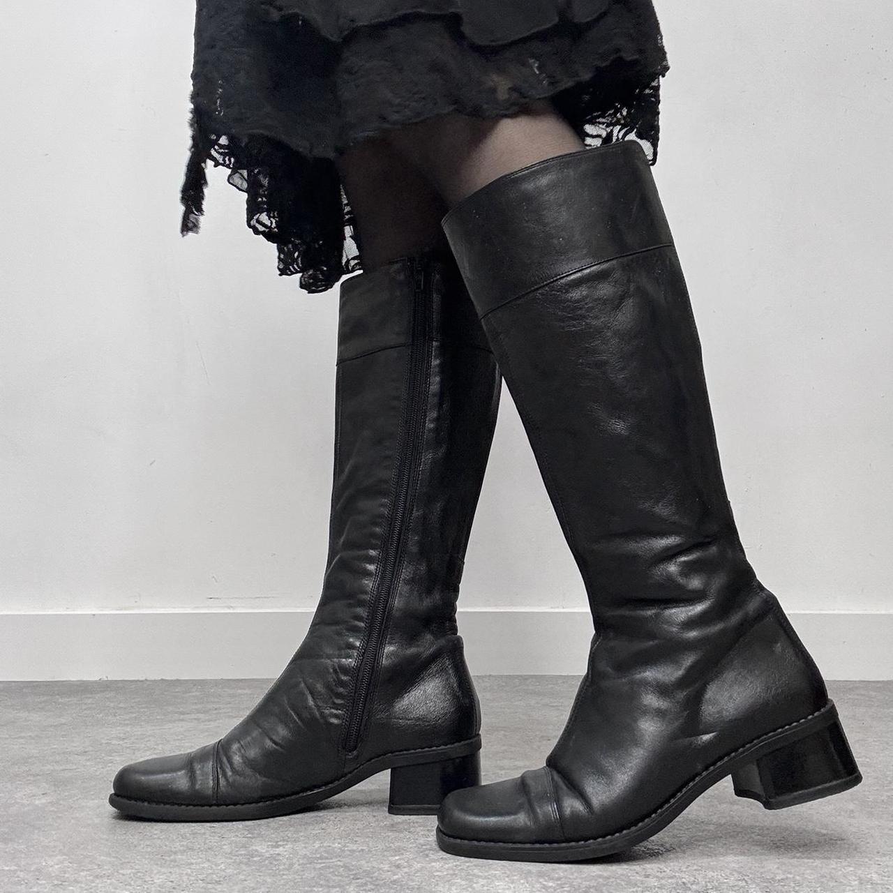 Black leather square toe boots