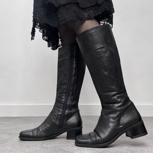 Black leather square toe boots
