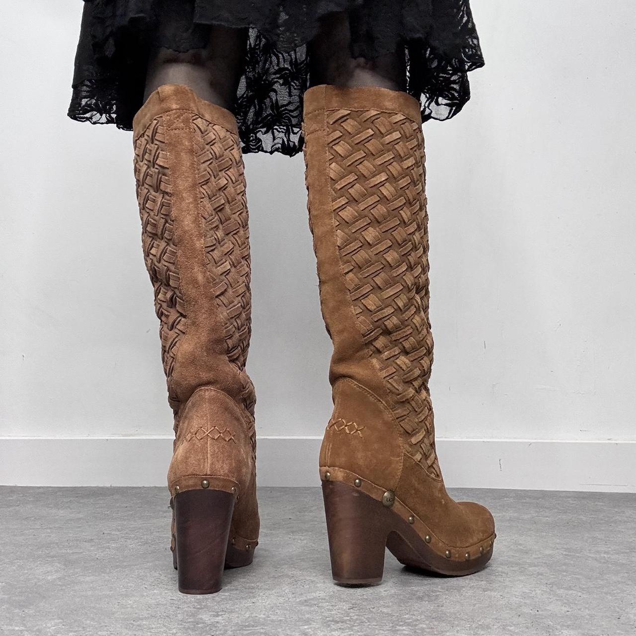 Tan suede woven leather stud clog boots