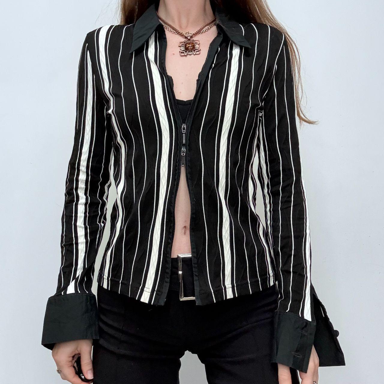 Black pinstripe fitted zip shirt