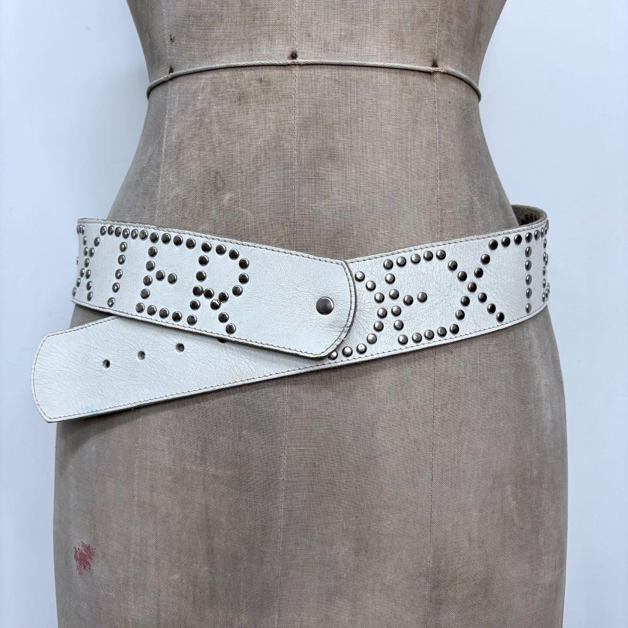 White leather studded spellout belt
