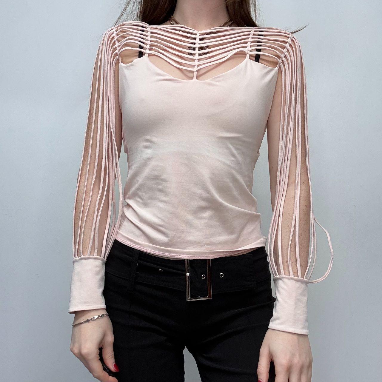 Pastel pink cut-out sleeve flared shirt