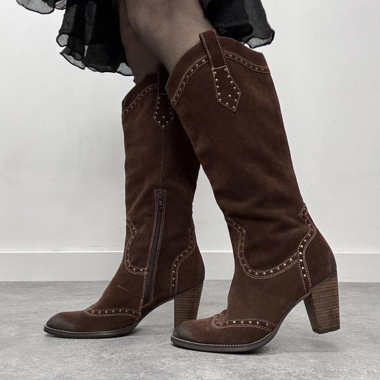 Brown leather studded bowboy boots