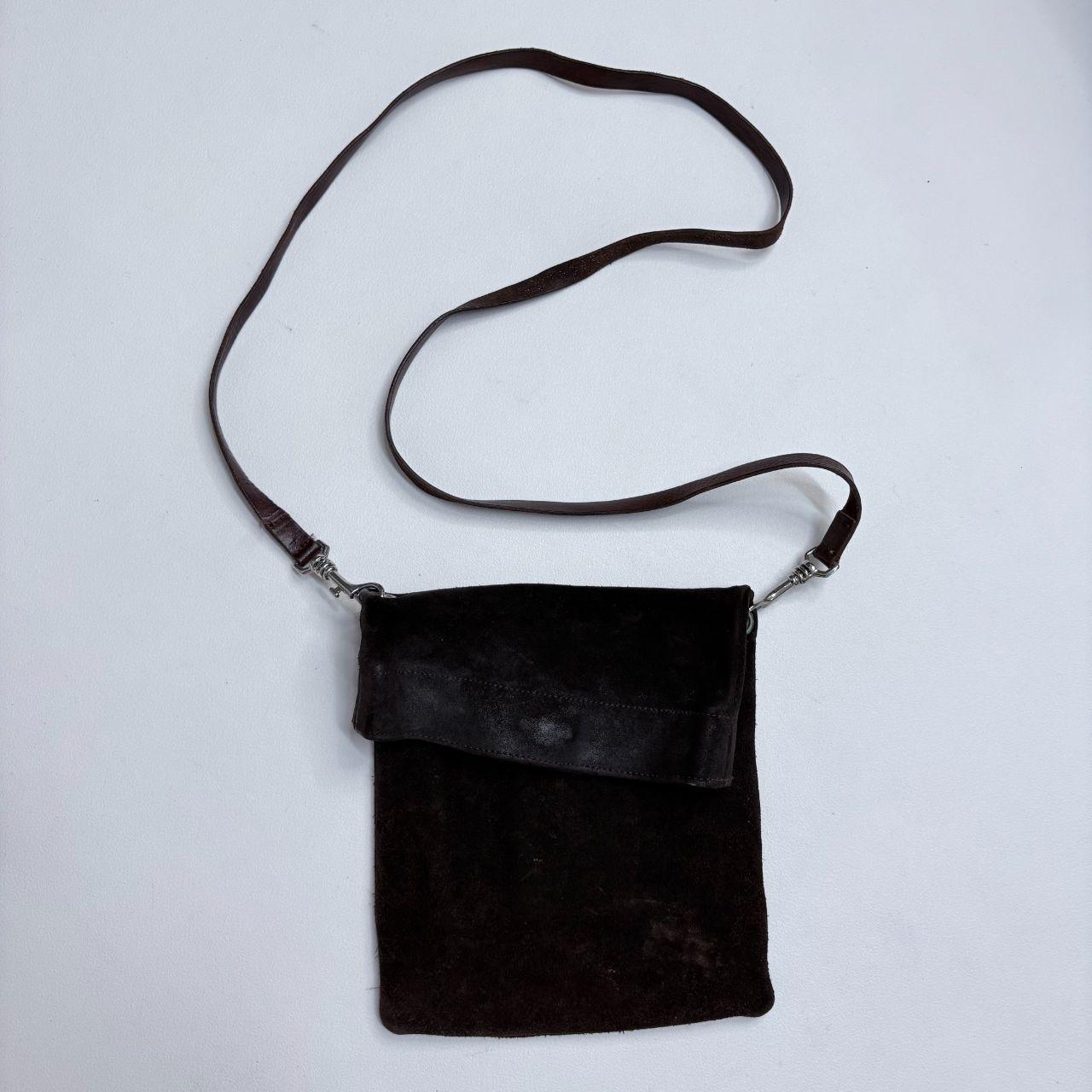 Dark brown suede asymmetric fold over crossbody bag