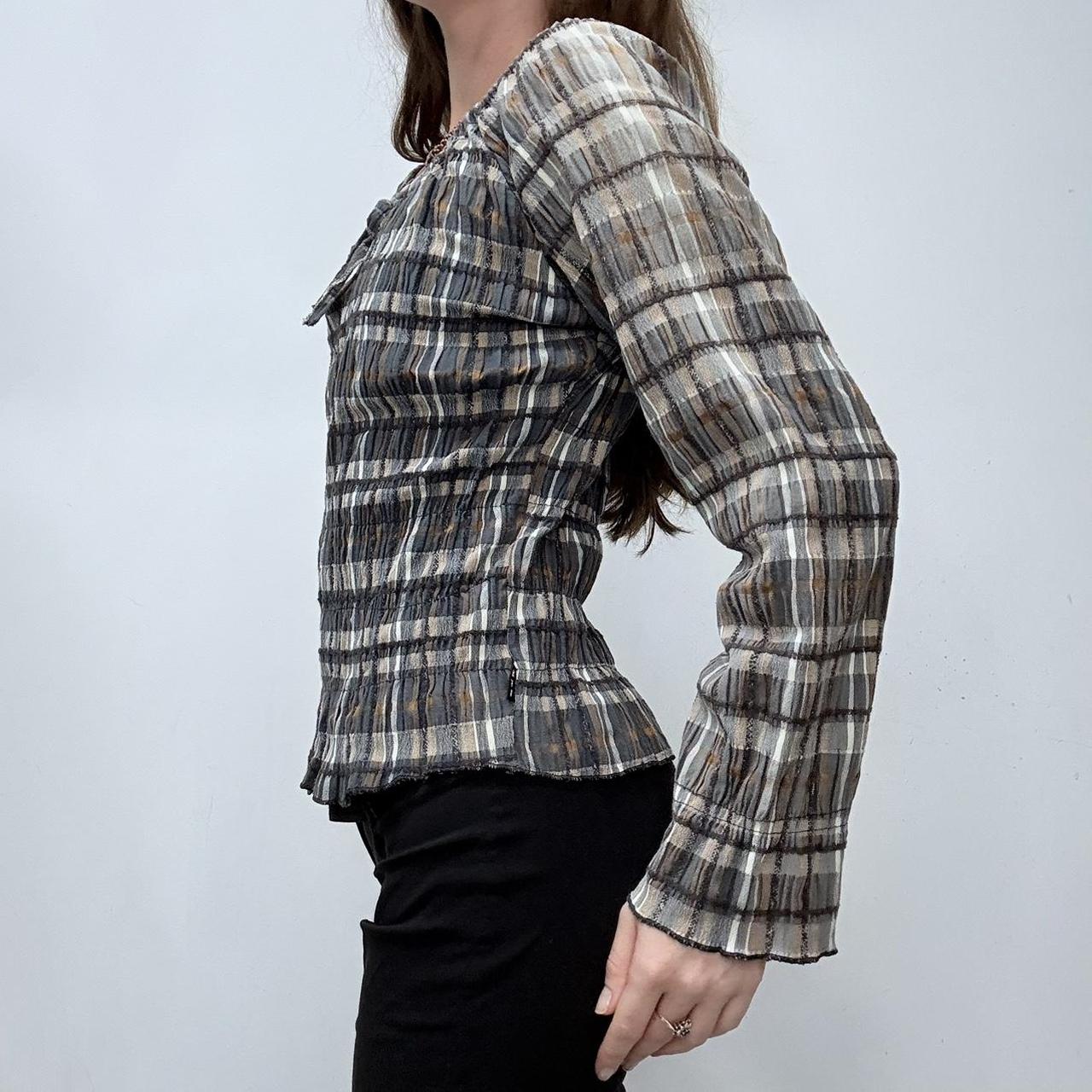 Gingham checked crinkle off the shoulder shirt