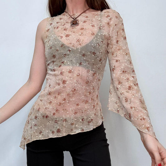 Asymmetric sheer flutter floral top