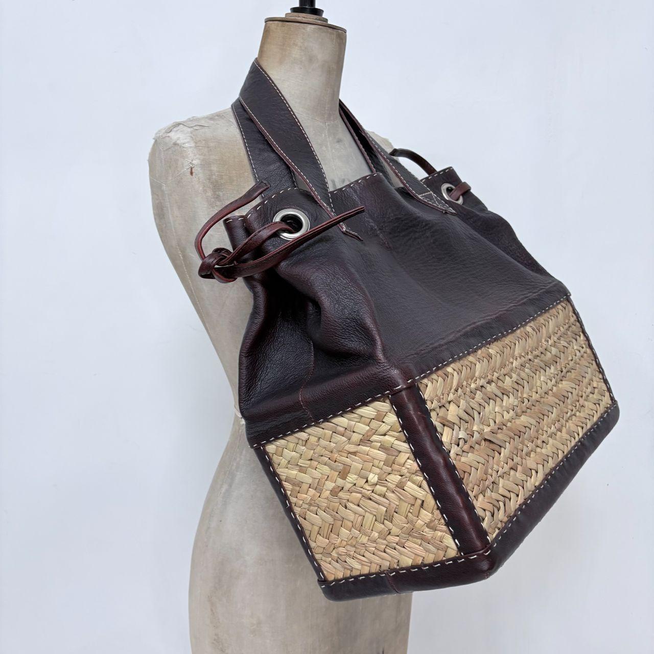 Brown leather rattan basket bag