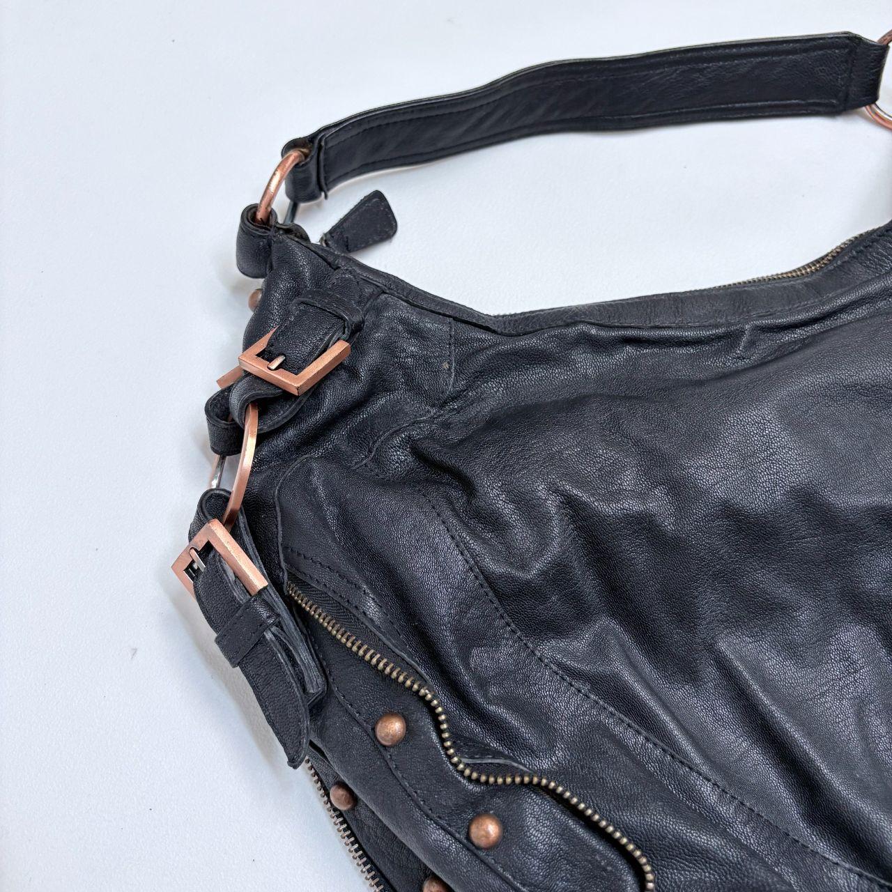 Black leather studded slouchy biker bag