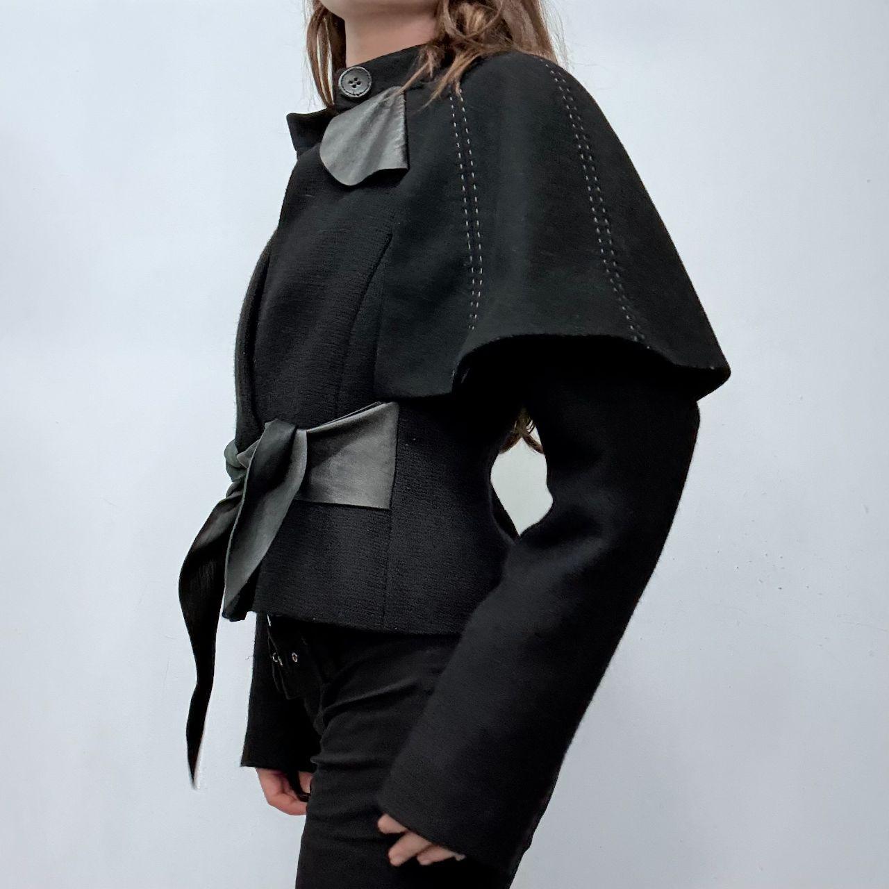 Black asymmetric flared draped jacket