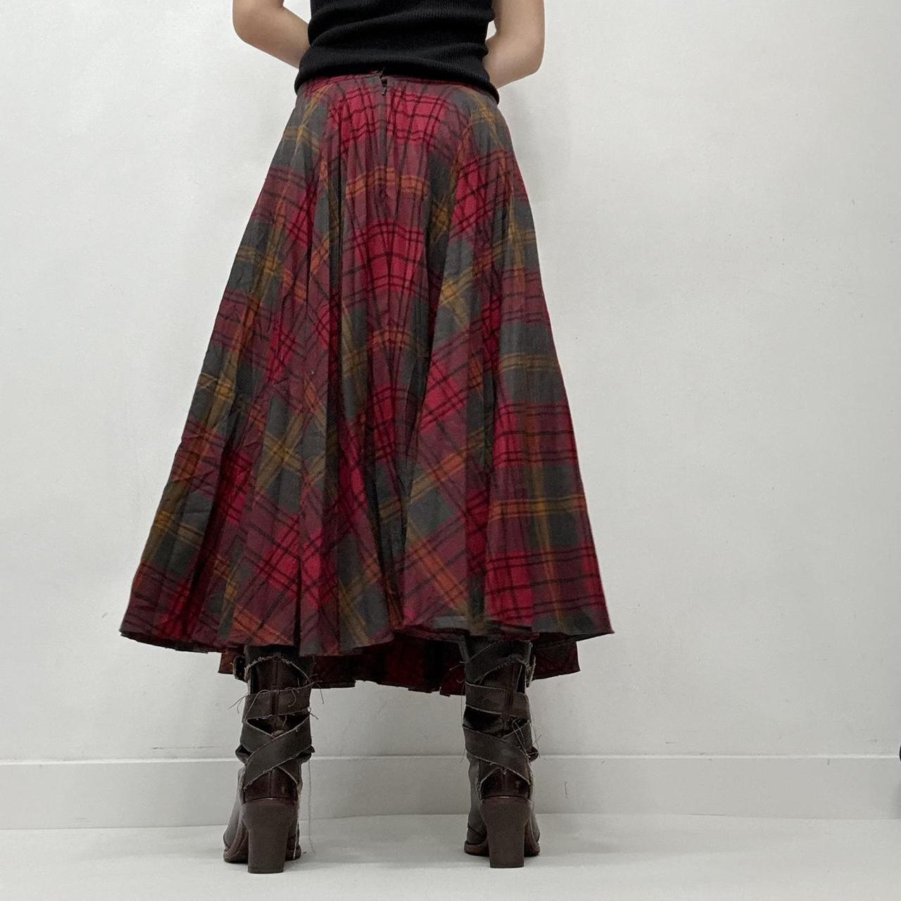 Red pleated tartan maxi skirt