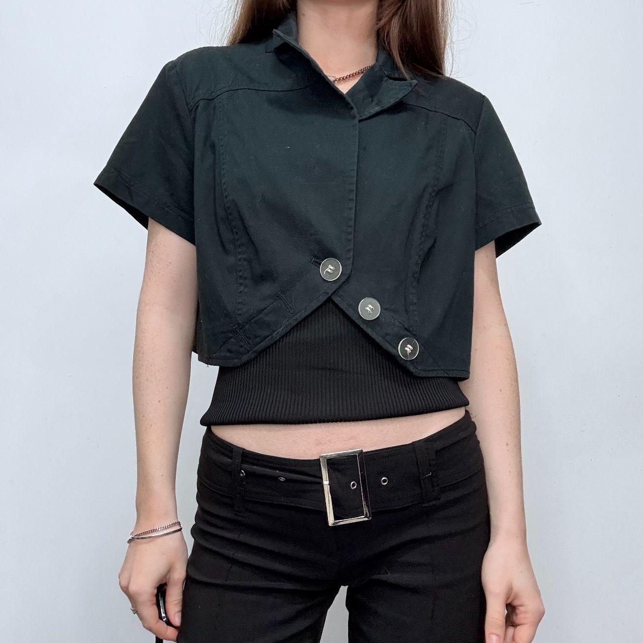 Black cropped asymmetric button top