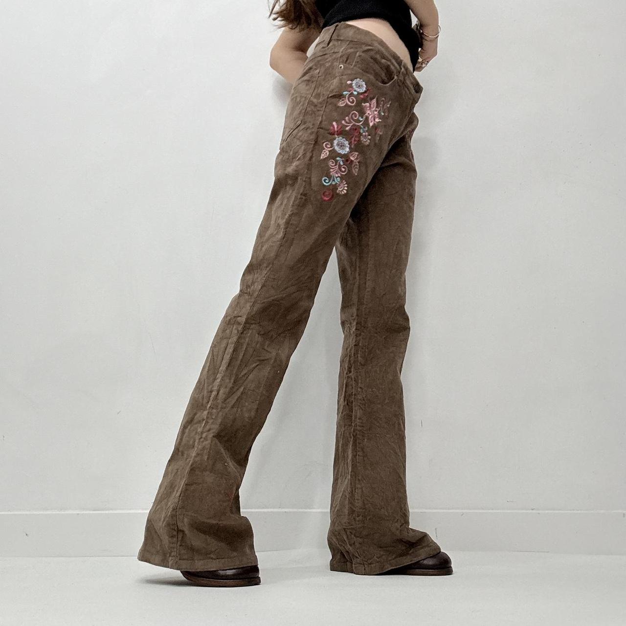 Brown cord embroidered flared trousers