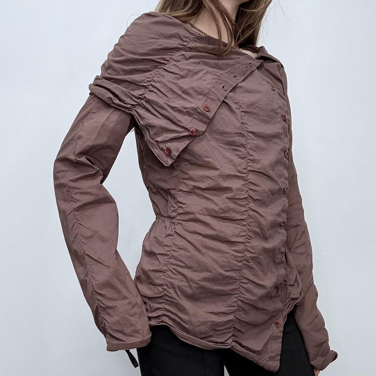 Brown asymmetric gathered cotton shirt