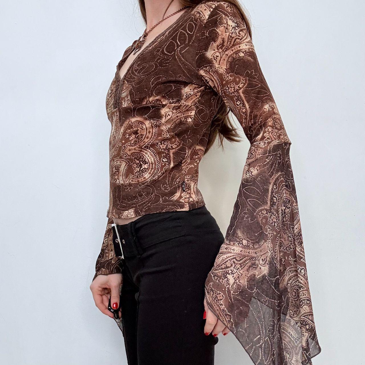 Brown flutter flared bell sleeve blouse