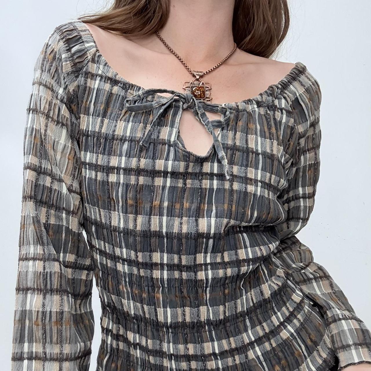 Gingham checked crinkle off the shoulder shirt