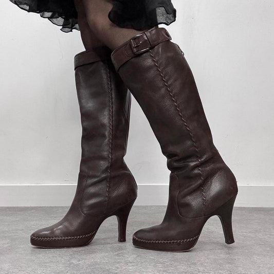 Dark brown leather pointed heel boots