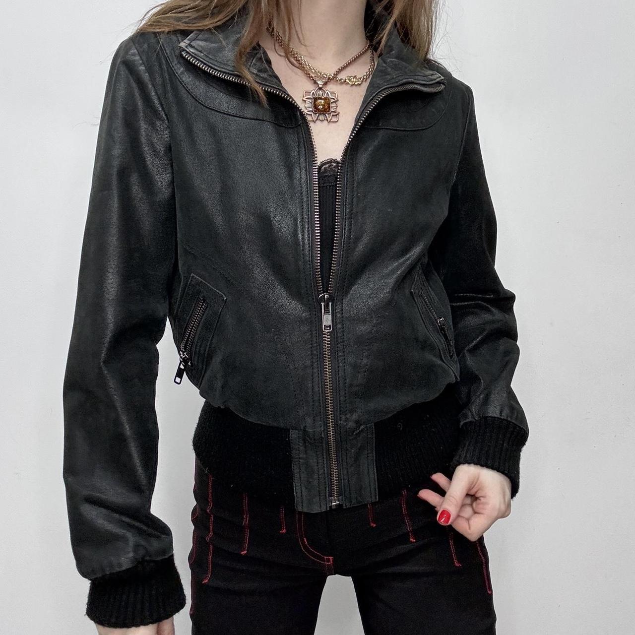 Black leather cropped bomber jacket