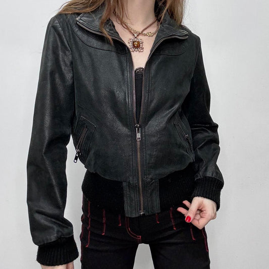 Black leather cropped bomber jacket