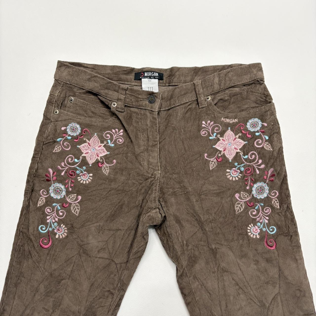 Brown cord embroidered flared trousers