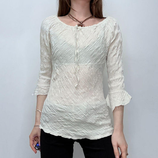 Cream flared wide neck crinkle shirt