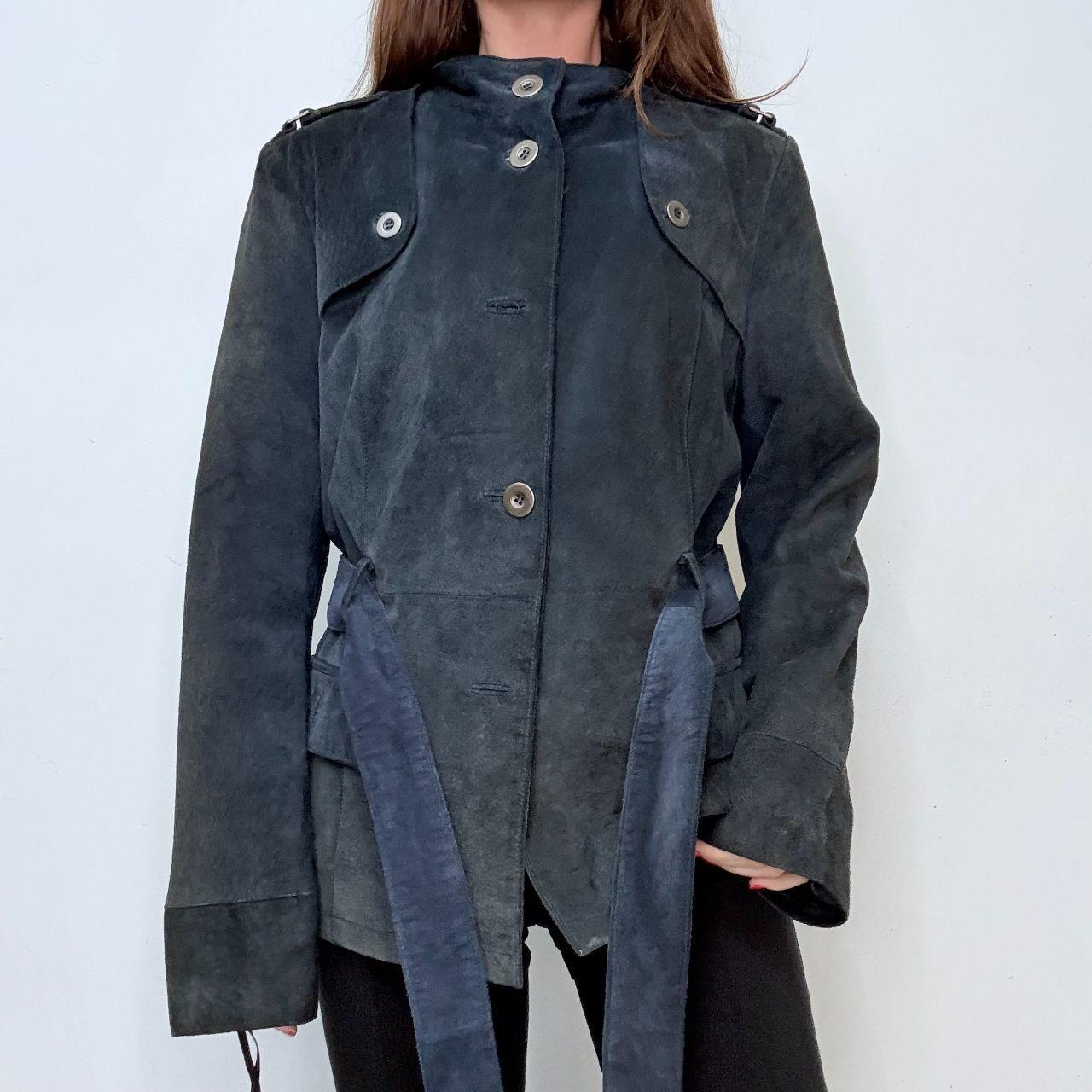 Navy suede high neck flared jacket