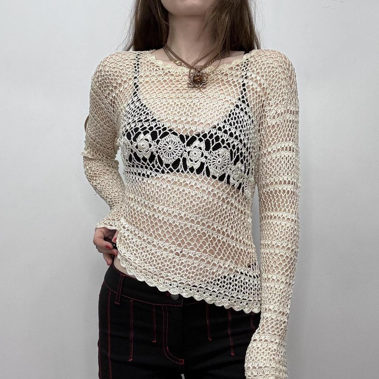 Sheer cream lace knit crochet top