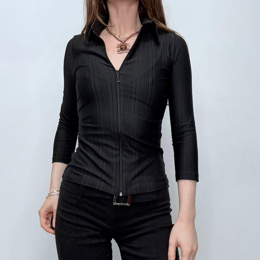 Fitted black pinstripe zip shirt