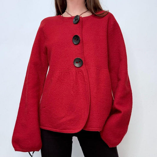 Red flared oversized button puff peacoat cardi